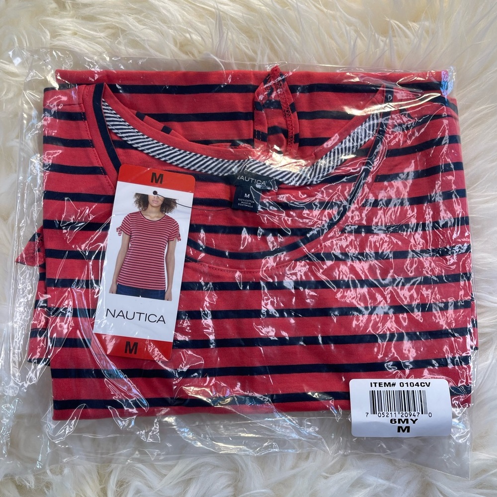 Nautica Tie Sleeve Top Striped Shirt, Red Black - Picture 5 of 7